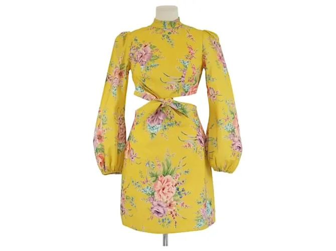 Abito mini con tagli e cintura a stampa floreale gialla Zimmermann Giallo