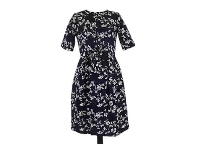 Autre Marque Abito midi blu navy con stampa floreale e dettaglio a fiocco a maniche tre quarti CH Carolina Herrera
