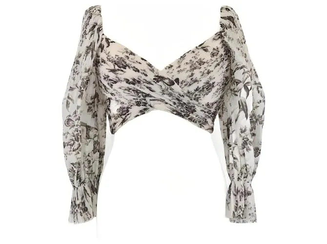 Top corto plissettato in tessuto con stampa di uccelli bianco sporco di Zimmermann