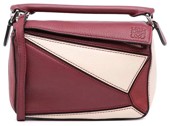 LOEWE Mini Borsa Puzzle Tricolore in Pelle Rossa Rosso Bordò