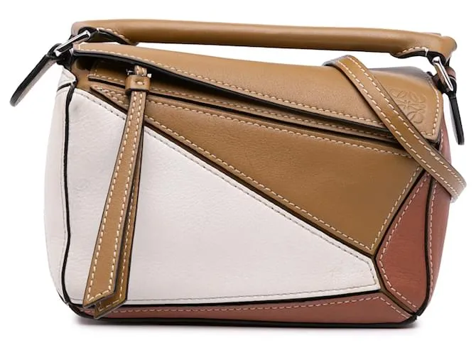 LOEWE Borsa Puzzle Mini Tricolore in Pelle di Vitello Marrone