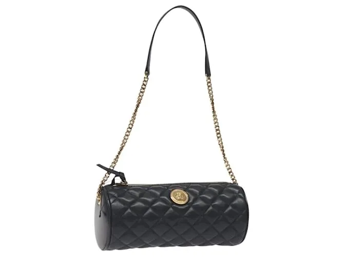 Versace Borsa a spalla con catena in pelle nera e oro Auth 130258 Nero D'oro