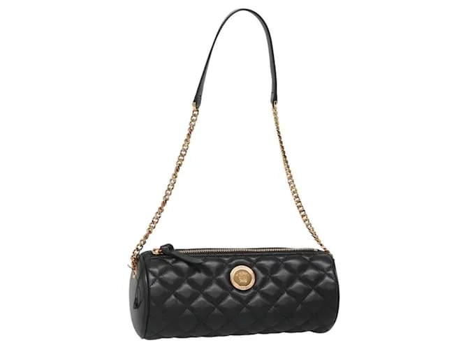 Versace Borsa a spalla con catena in pelle nera e oro Auth 130252 Nero D'oro