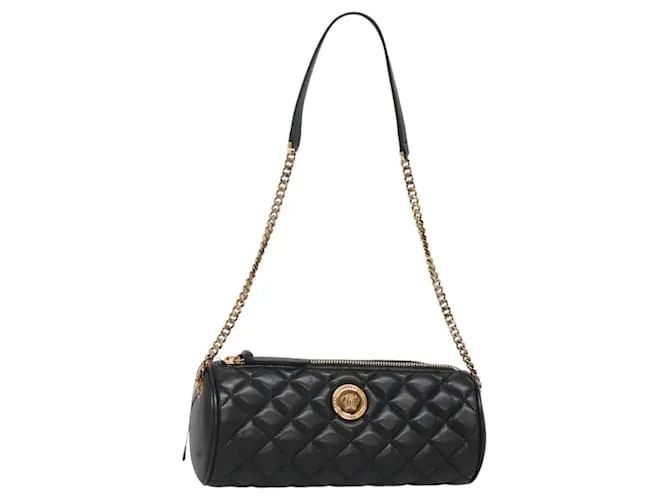 Versace Borsa a spalla con catena in pelle nera e oro Auth 130257 Nero D'oro