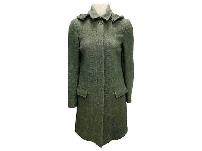 Cappotto in tweed di seta e lana verde oliva Loro Piana con cappuccio staccabile