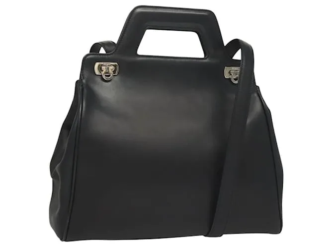 Borsa a mano in pelle Gancini Salvatore Ferragamo 2 in 1 Nero Argento Auth 131183