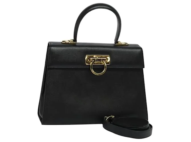 Borsa a mano in pelle Gancini Salvatore Ferragamo 2 in 1 Nero Oro Auth ep9613 D'oro