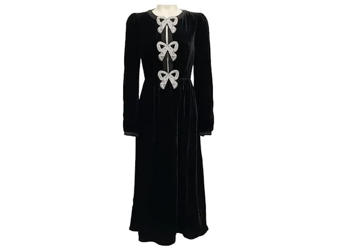 Autre Marque Abito midi Camille in velluto liquido nero / perle con fiocchi Saloni