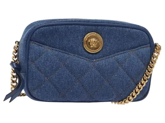 Borsa a Spalla con Catena VERSACE Denim Blu Oro Auth 130284 D'oro