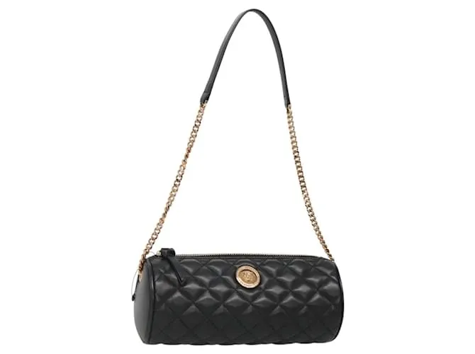 Versace Borsa a spalla con catena in pelle nera e oro Auth 130260 Nero D'oro