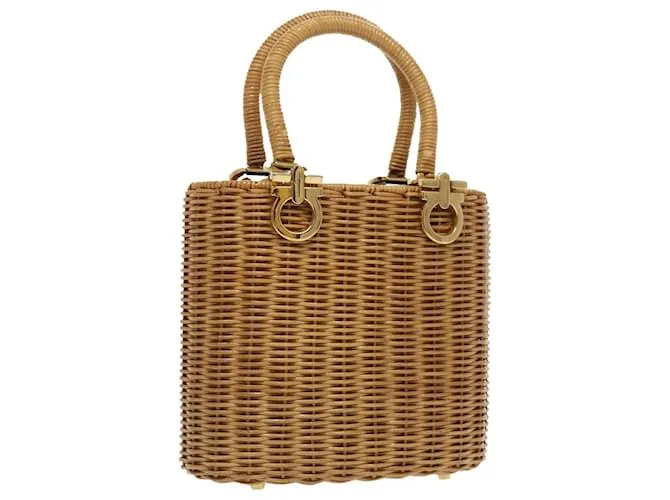 Borsa a mano Gancini in vimini beige e oro Salvatore Ferragamo Auth 98528AM D'oro