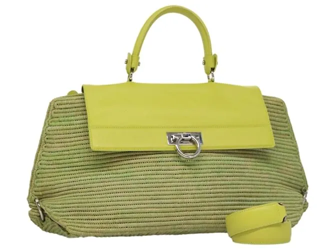Borsa a Mano Sofia Gancini in Paglia e Pelle Salvatore Ferragamo 2 in 1 Verde Auth 103207V