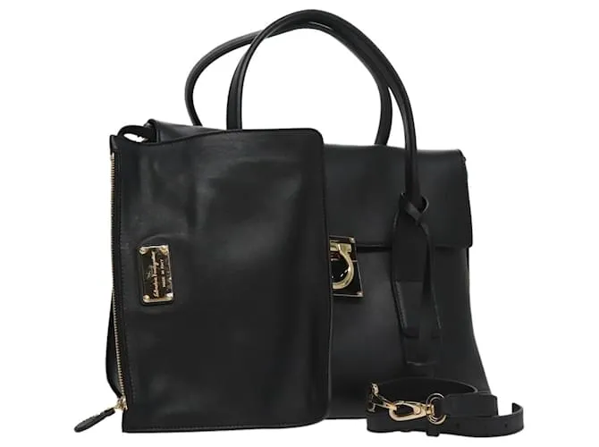 Borsa a mano in pelle Gancini Salvatore Ferragamo 2 in 1 Nero Oro Auth FF6322V D'oro