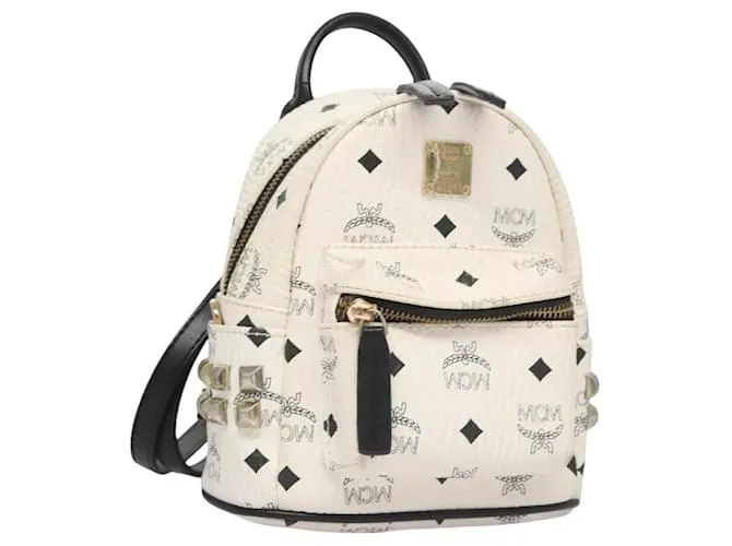 MCM Vicetos Logogram Zaino in pelle PVC Bianco Blu navy oro Auth BA110 D'oro