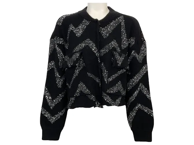 United Nude Maglione in lana nudo nero con zig zag in paillettes ricamate argento / oro