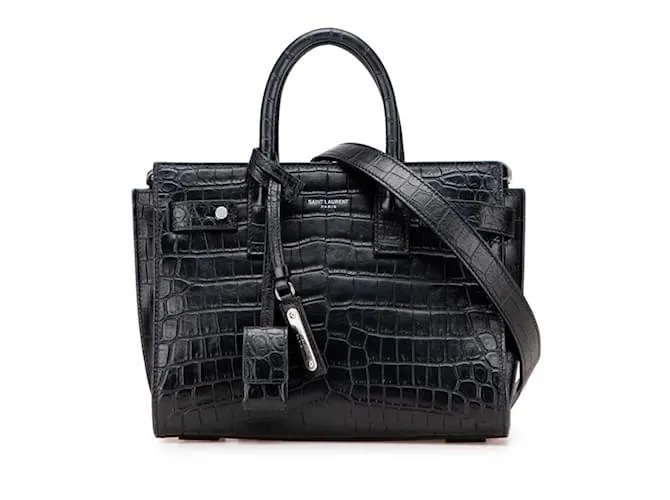 Borsa a Spalla Sac de Jour Nano in Pelle Coccodrillo Stampata di Saint Laurent Nero