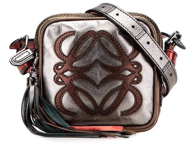 LOEWE Mini Argento in Pelle di Capra Metallica con Anagramma e Frange a Tracolla