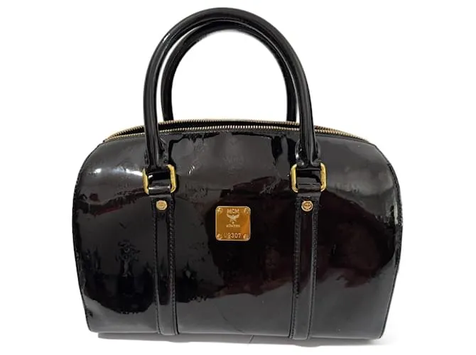 Borsa Boston MCM in pelle verniciata nera e oro Nero Gold hardware