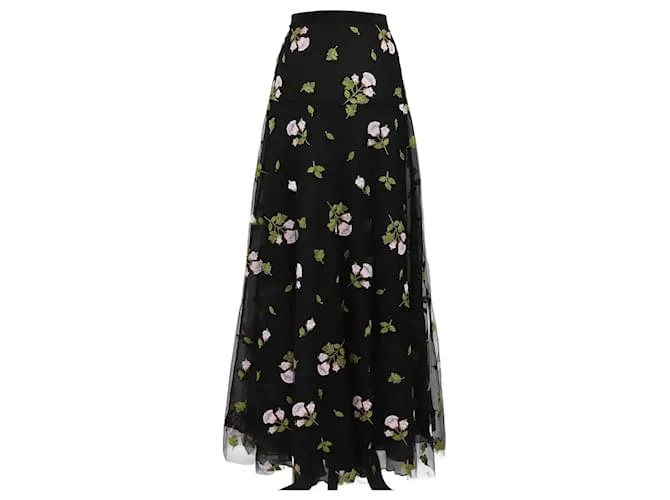Gonna maxi nera con ricami floreali e volant di Giambattista Valli Nero