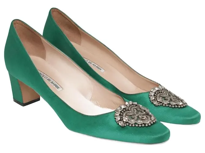 Manolo Blahnik Pumps con tacco a blocco impreziositi da cristalli Okkato verde smeraldo