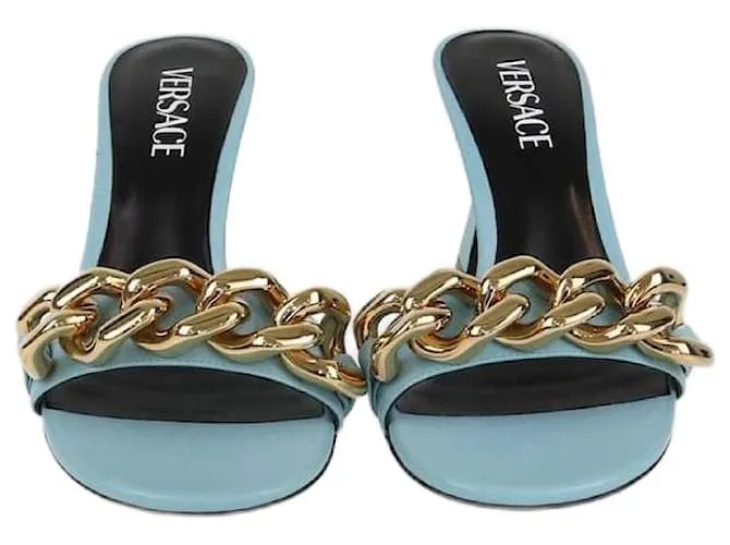 Sandali con tacco catena Medusa Light Blue di Versace Blu chiaro