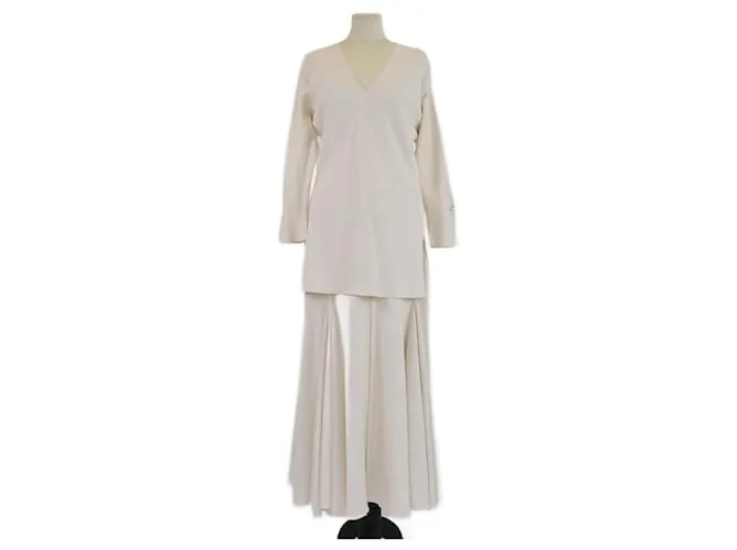 Set blusa a maniche lunghe a V crema e gonna midi con volant Marni Crudo