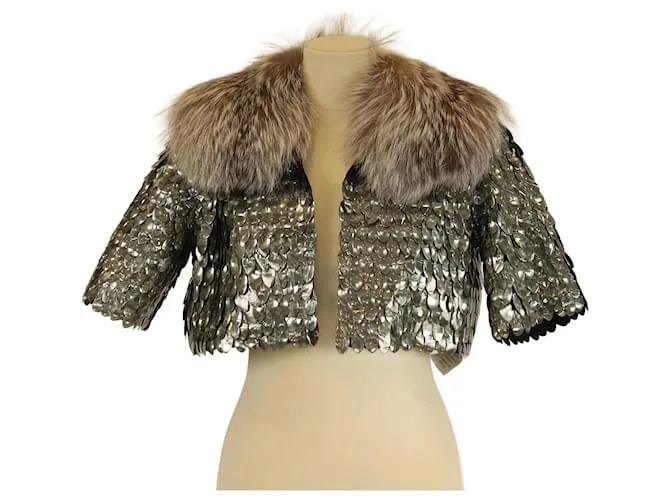 Top a maniche corte in paillettes con bordo in pelliccia verde Marc Jacobs