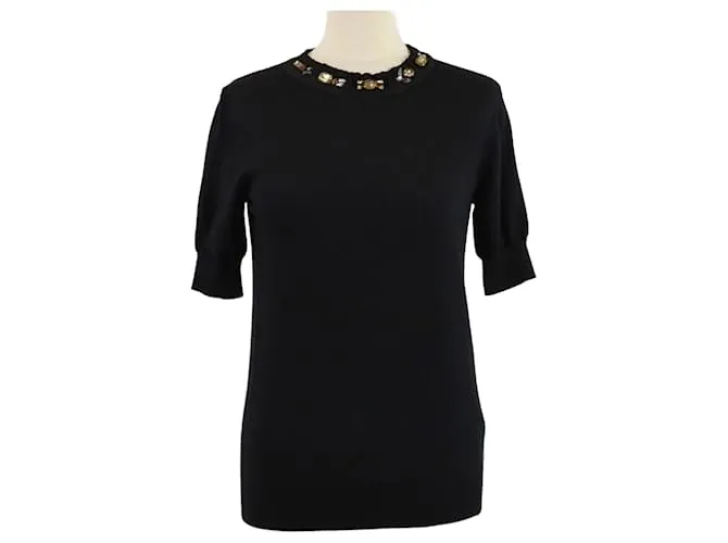 Top in maglia nera a maniche corte con decorazioni in cristallo Lanvin Nero