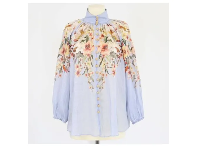 Blusa a maniche lunghe con colletto alto e stampa floreale Lexi blu di Zimmermann