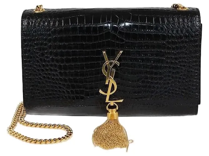 Borsa a spalla media Kate in pelle nera con stampa coccodrillo e frange di Saint Laurent Nero