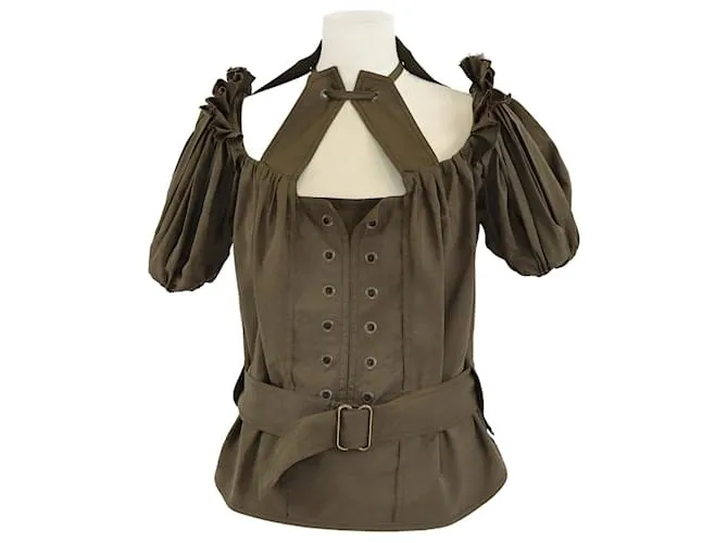 Top safari con spalle scoperte e dettaglio cravatta verde oliva di Yves Saint Laurent