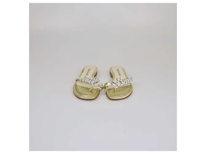 Manolo Blahnik Sandali Piani con Cristalli Dorati sul Dito del Piede D'oro