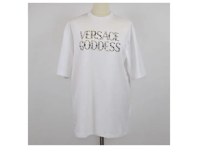 T-shirt bianca Versace con logo di dea borchiato Bianco
