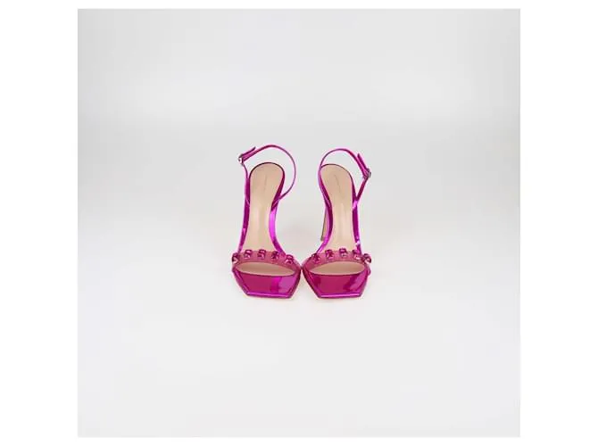 Sandali caramella con nastro impreziositi da cristalli magenta Gianvito Rossi