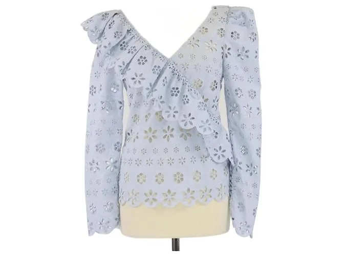 Self portrait Top Anglaise ricamato in pizzo Schiffli blu polvere con volant di Self-Portrait