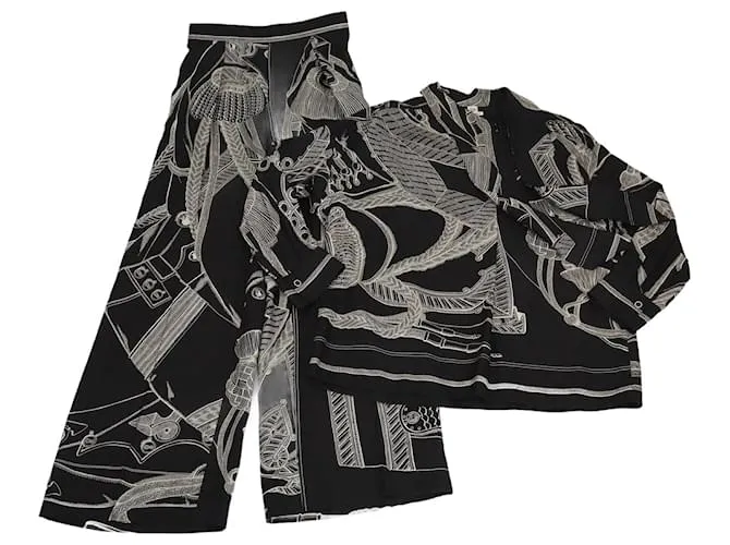 Set di blusa a maniche lunghe e pantaloni pigiama con cravatta stampata Finesse Zouaves e Dragons nera di Hermès Nero