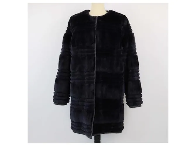 Cappotto lungo in pelliccia di coniglio rex blu scuro Yves Salomon