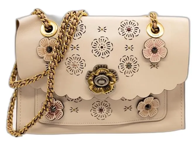 Coach Borsa a Spalla con Intaglio a Rosa del Tè Beige