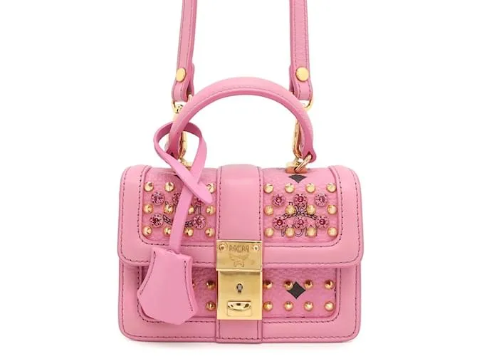 Borsa in pelle MCM Visetos con borchie e strass Rosa