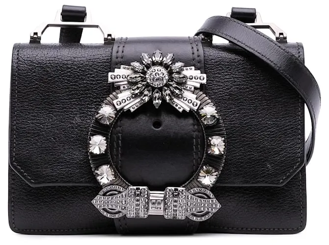 Miu Miu Borsa a tracolla in vitello morbido nero in pelle di capra Madras con decorazioni in cristallo
