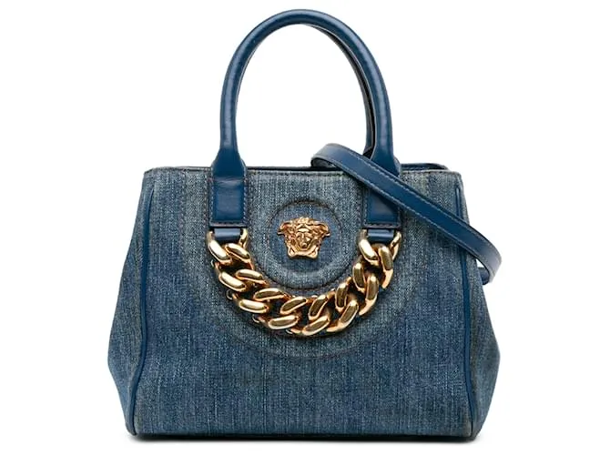 Borsa a mano piccola in denim blu La Medusa con catena di Versace