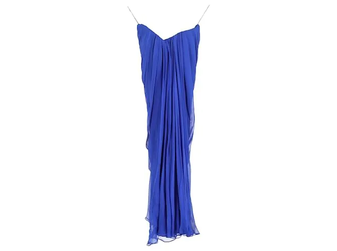 Abito maxi drappeggiato con scollatura a cuore in seta blu Alexander McQueen