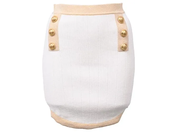 Gonna Mini in Maglia Decorata con Bottoni Balmain in Viscosa Bianca Bianco Crudo