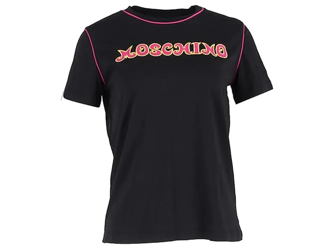 T-shirt in cotone nero con logo ricamato Moschino