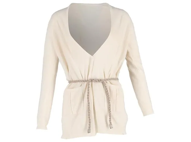 Cardigan stratificato con cintura in lana e seta color crema di Brunello Cucinelli Bianco Crudo