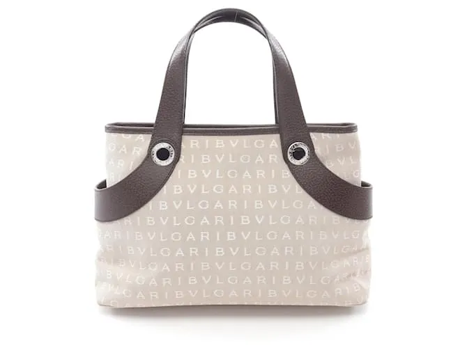 Bulgari Borsa a mano in tela e pelle con logo Bvlgari Marrone Beige