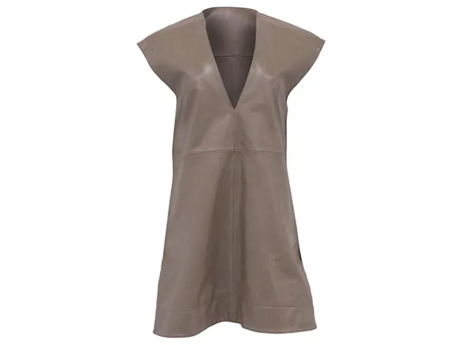 Abito Mini V-neck in Pelle Beige di Ganni