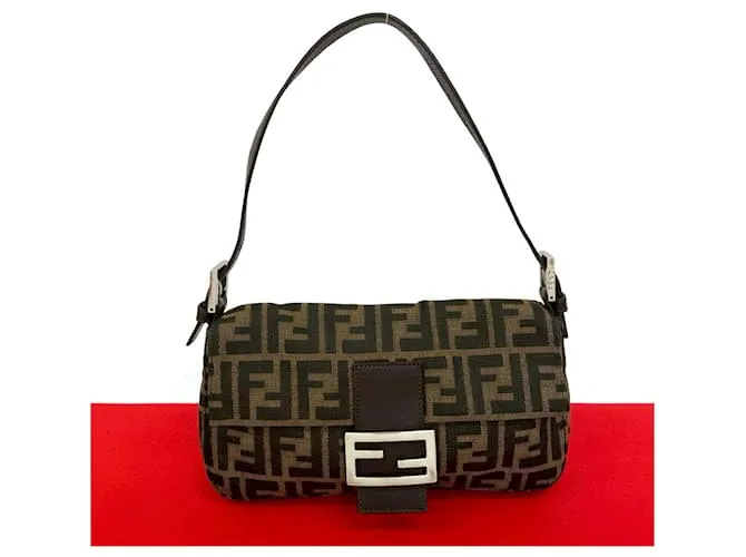 Borsa a spalla Mamma Baguette in pelle e tela di Fendi Marrone