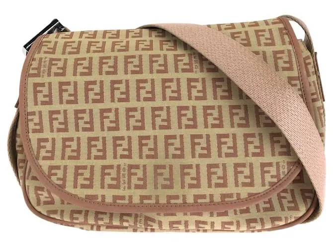 Borsa a Spalla in Tela/Cuoio Zucchino di Fendi Marrone Beige