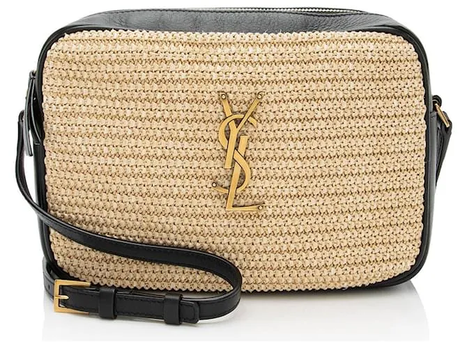 Borsa a Fibbia Lou Monogram in Pelle di Vitello e Raffia di Saint Laurent Marrone Beige